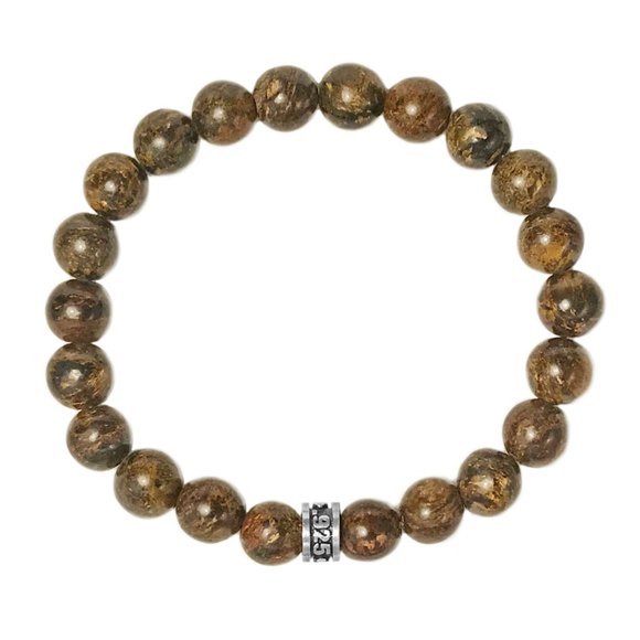 NOV9M®️ 925 Sterling Silver Bronzite Beads Men’s Stretch Bracelet - Picture 3 of 5